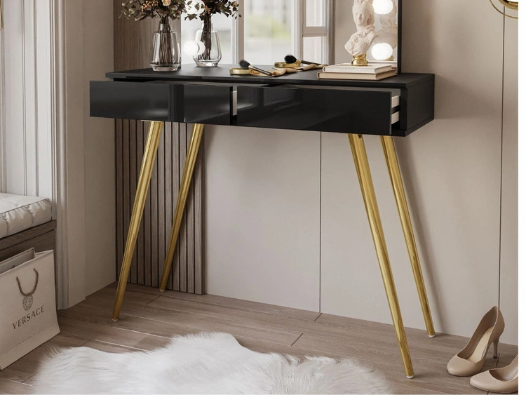 Schminktisch im Glamour-Stil mit Schubladen, Spiegel und LED-Beleuchtung Olivine Elite Schwarz Hochglanz