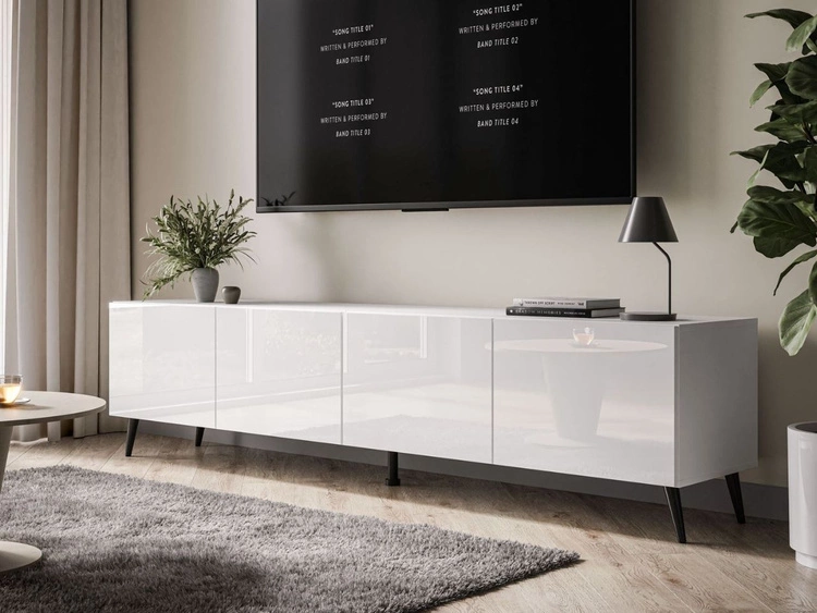 TV-Lowboard mit Türen auf Schwarzen Metallbeinen 200 cm Nodoo Weiß Hochglanz