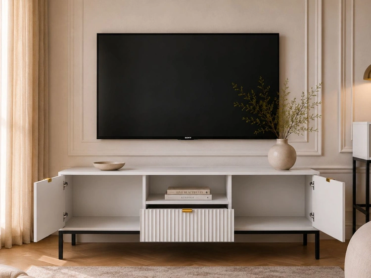 TV-Lowboard mit Schubladen und Türen Amber Weiß, Schwarz Frame