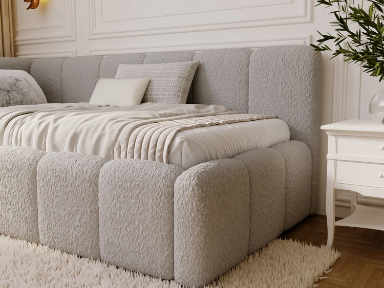 Jugendbett Einzelbett mit Bettkasten und Lattenrost 90x200 Cloud One Grau Bouclé-Stoff