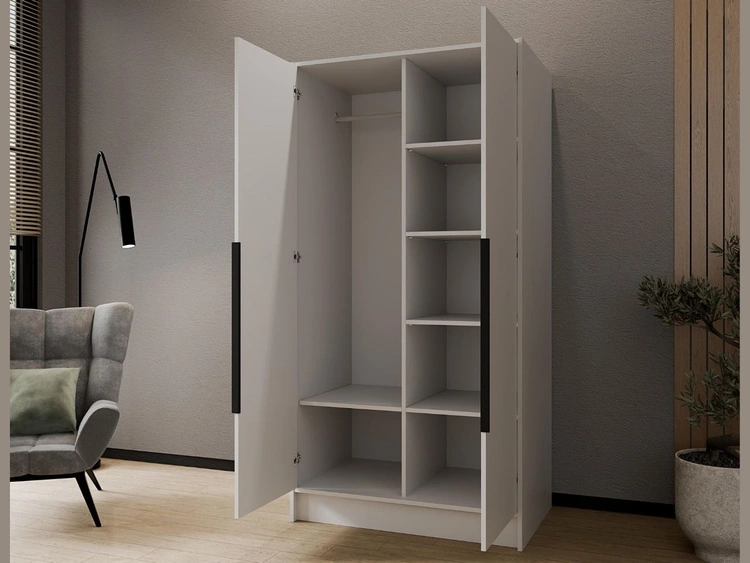 Kleiderschrank mit Spiegel 100 cm Lucca Weiß mit schwarzen Griffen