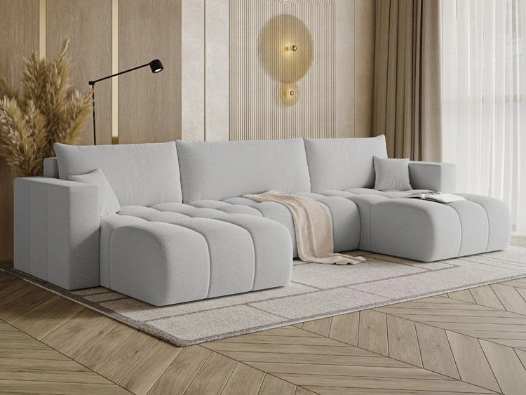 Wohnlandschaft mit Schlaffunktion und Bettkasten Neva Bouclé-Stoff Grau