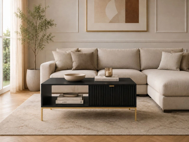 Couchtisch mit Stauraum Amber Schwarz, Gold Frame
