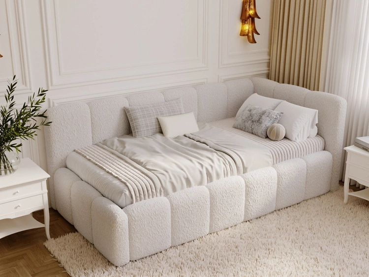 Jugendbett Einzelbett mit Bettkasten und Lattenrost 90x200 Cloud One Beige Bouclé-Stoff
