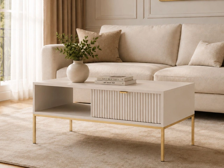 Couchtisch mit Stauraum Amber Kaschmir auf goldenen Beinen