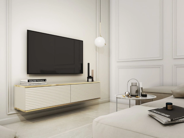 TV-Lowboard Hänge mit Türen 135 cm Diolo Beige mit geriffelter Vorderseite