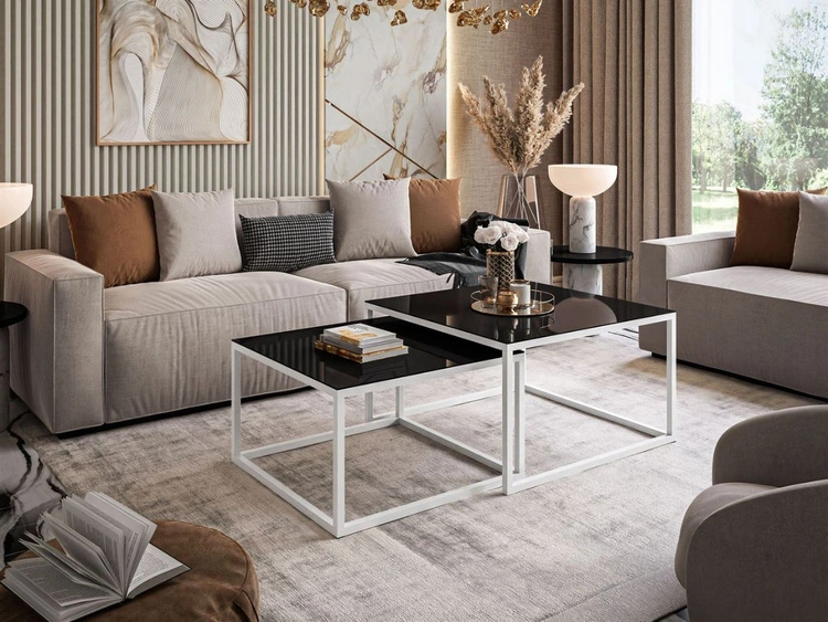 Couchtisch auf weißem Gestell mit Glasplatte Asumi Schwarz 35x41
