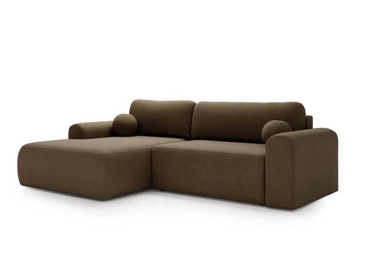Ecksofa L-Form mit Schlaffunktion und Bettkasten Savana Links Bouclé-Stoff Braun