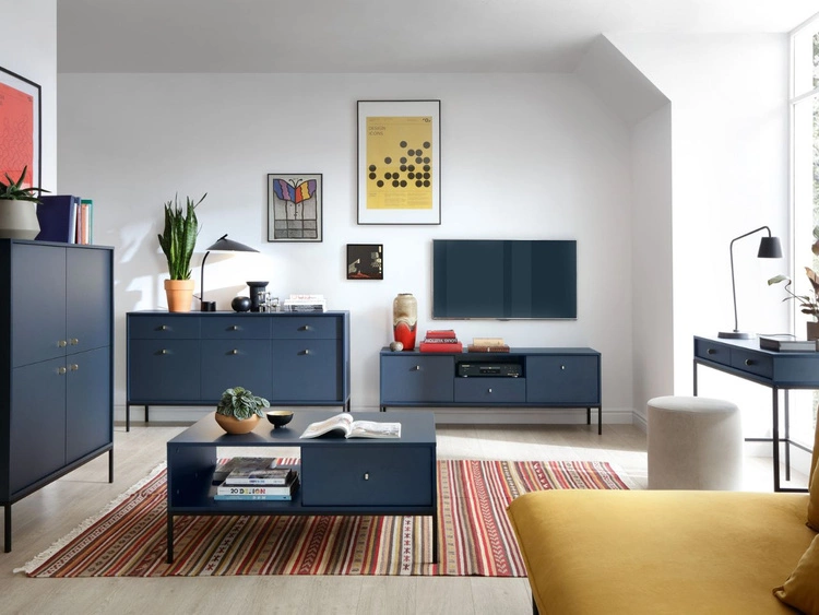 TV-Lowboard mit Schubladen und Türen mit Schwarz Metallbeinen Amor Marineblau