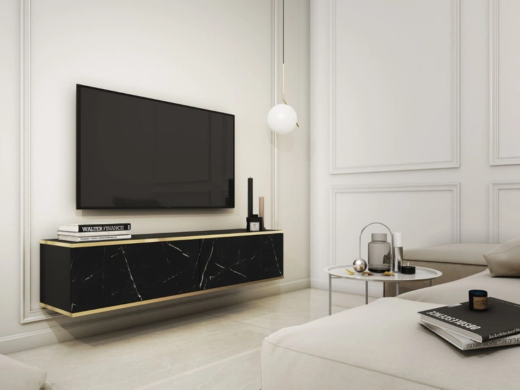 TV-Lowboard Hänge mit Türen 135 cm Diolo Schwarzer Marmor mit glatter Front