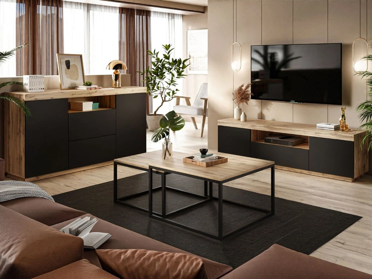 TV-Lowboard Asumi mit Türen und Schublade – Schwarz matt und Eiche Wotan