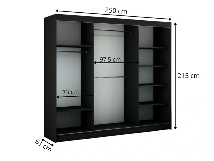 Schiebetürenschrank 250 cm mit Spiegel und LED-Beleuchtung Luzio Schwarz