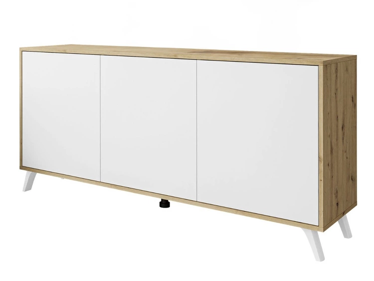Dreitürige Kommode 154 cm im Loft-Stil mit weißen Beinen – Vivance, Weiß matt & Eiche Artisan