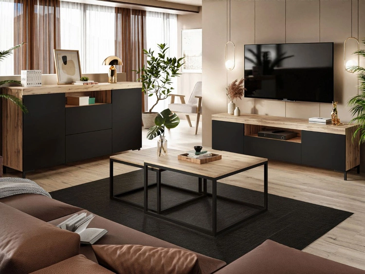 TV-Lowboard Asumi mit Türen und Schublade – Schwarz matt und Eiche Wotan