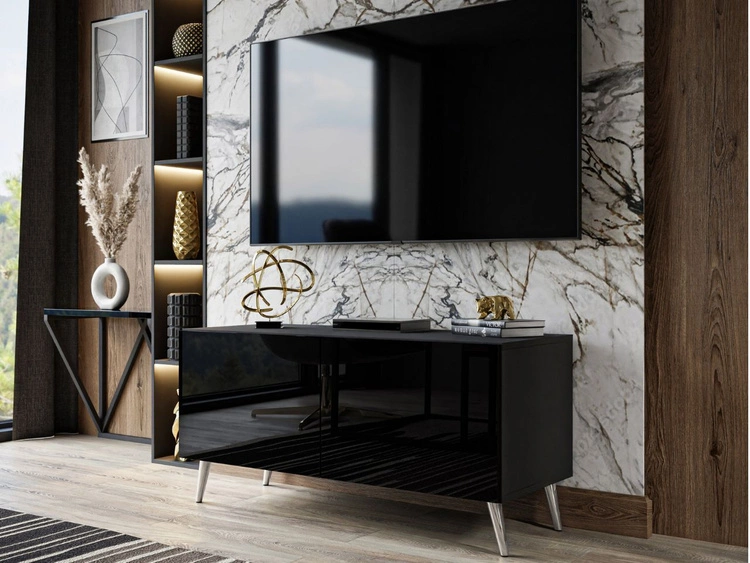 TV-Lowboard mit Türen auf Silbernen Metallbeinen 100 cm Noaé Schwarz Hochglanz