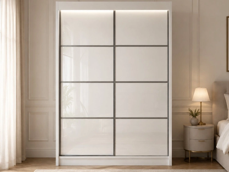 Schiebetürenschrank mit Sprossen 150 cm mit LED-Beleuchtung Ponti Weiß