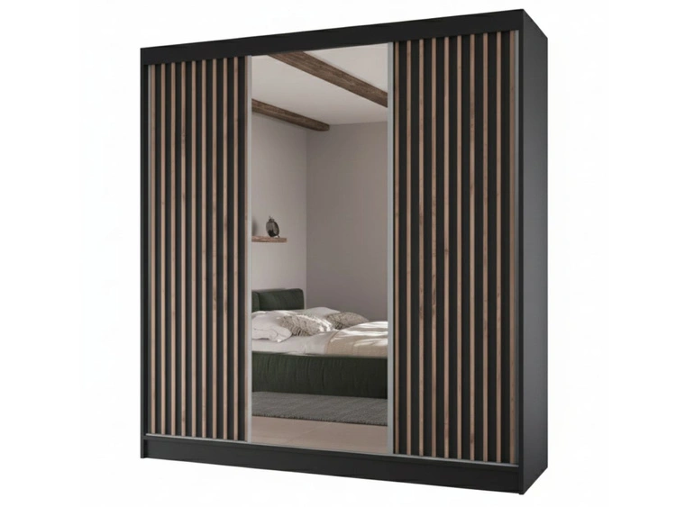 Schiebetürenschrank mit Lamellen und Spiegel 200 cm Lucena Schwarz